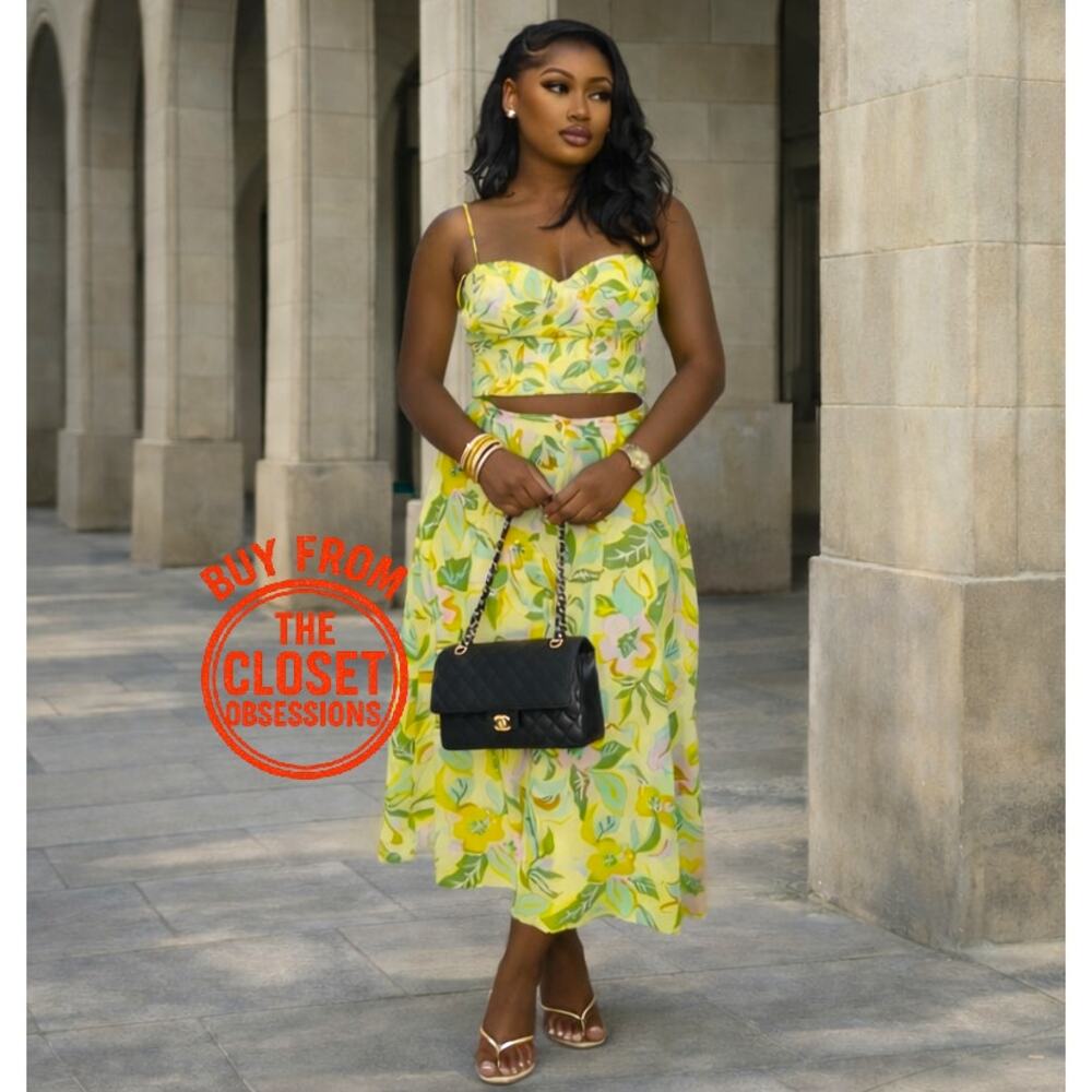 Zara Floral Co Ord Set Corset Top Midi Skirt Linen Blend Vacation Outfit NWT - Picture 8 of 16